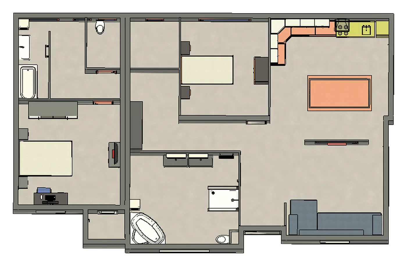 Vue de dessus de la maquette Revit de l’appartement Frison, avec mobilier et matériaux