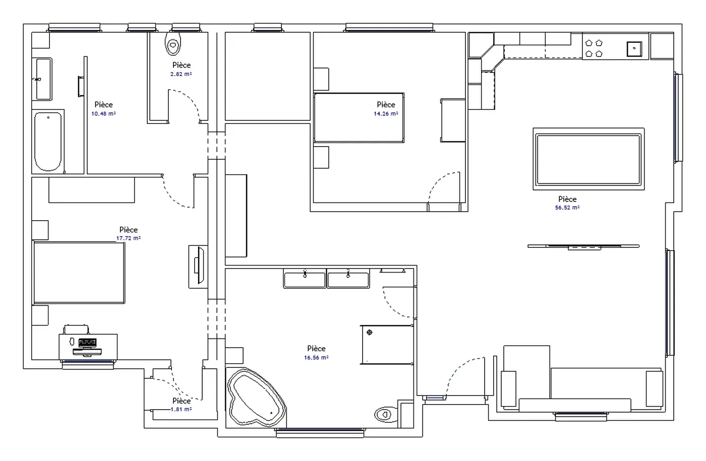 Plan 2D coté de l’appartement Frison avec les surfaces de chaque pièce