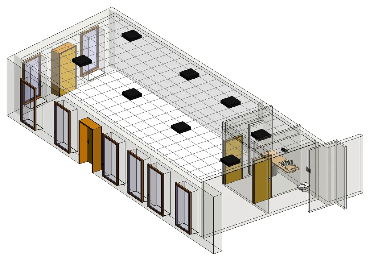 Maquette 3D d’un local réaménagé avec kitchenette et dalles LED