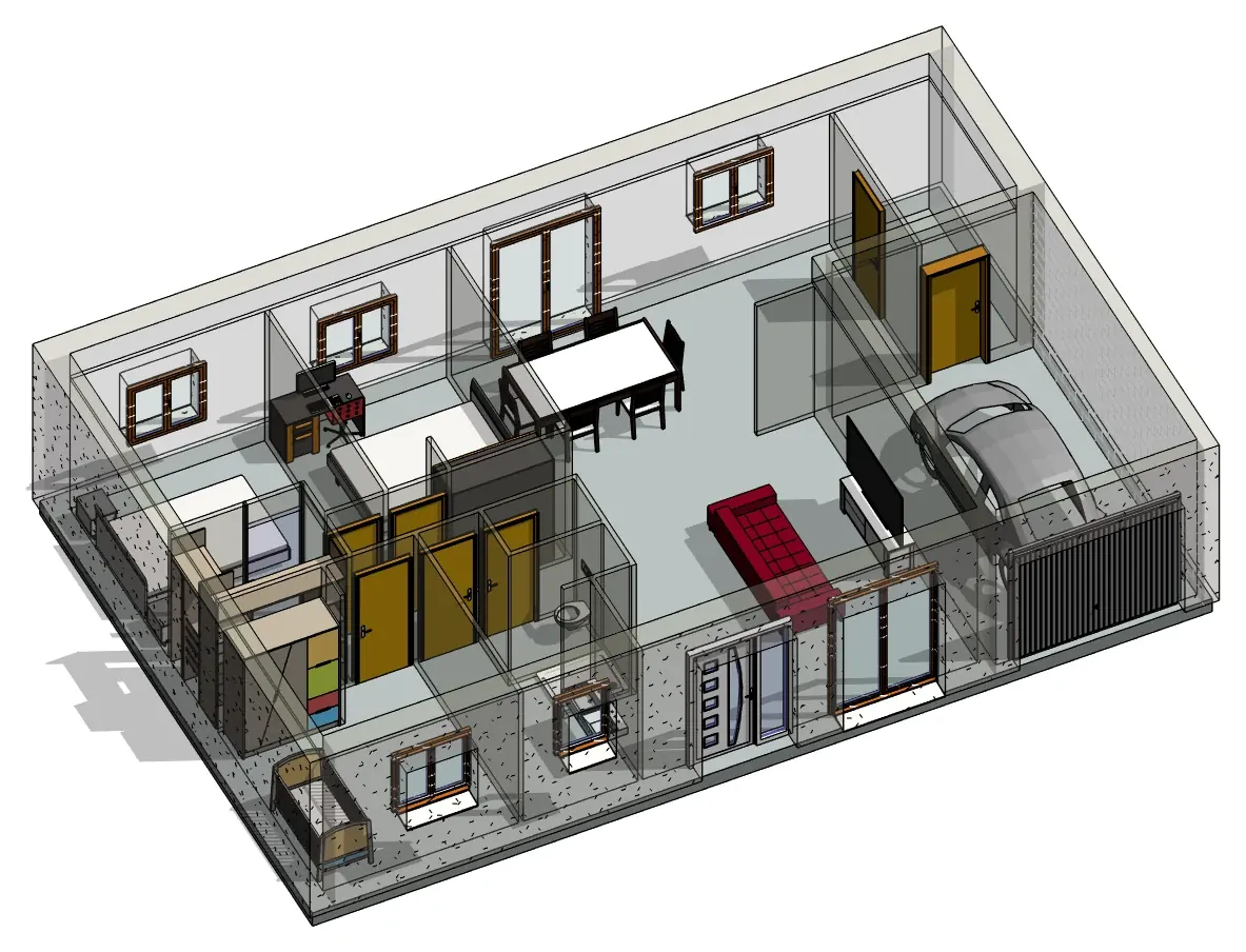 Axonométrie sans toiture d’une maison de plain-pied avec garage